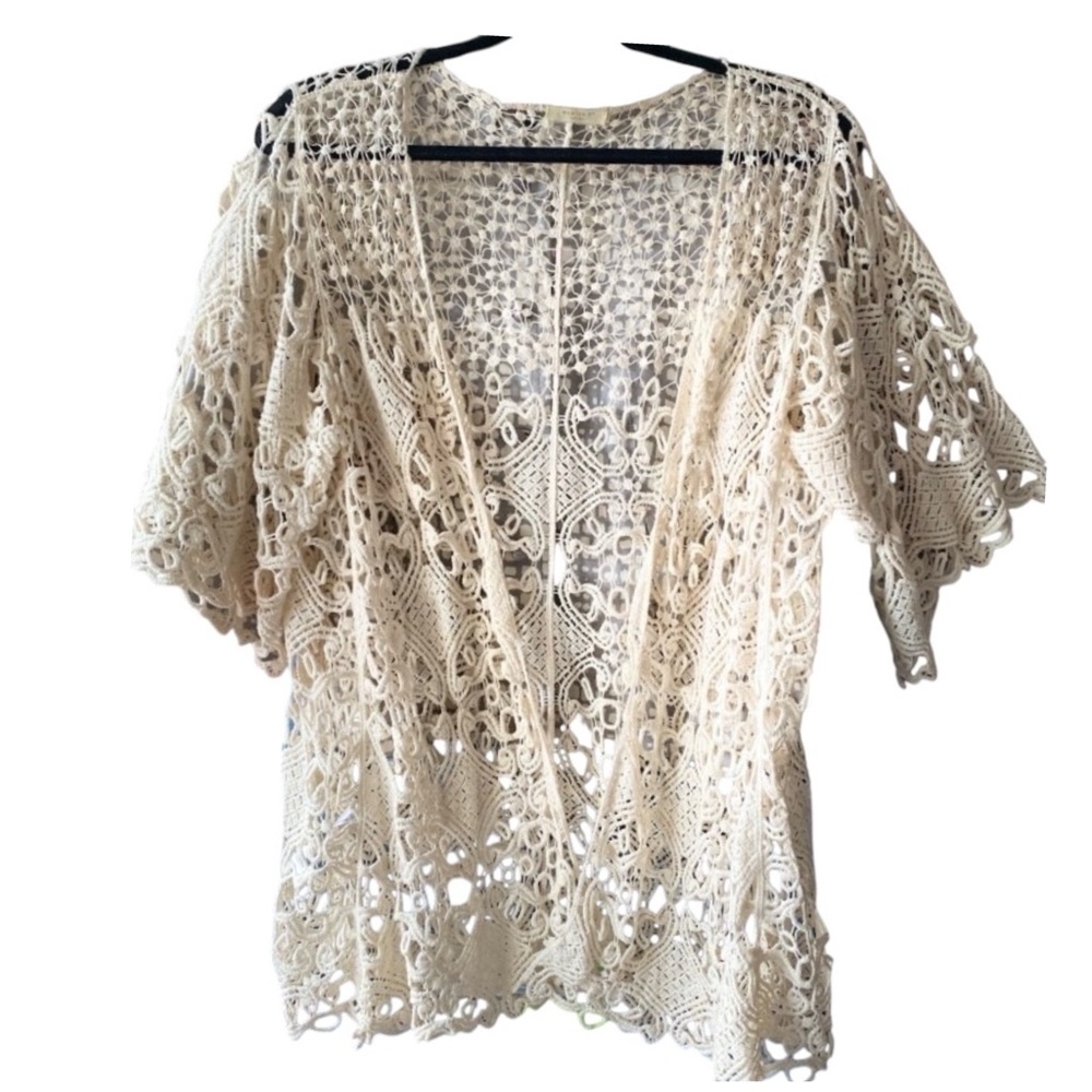 Anthropologie Evelyn K Women's OS Cream Crochet Top Boho Open Front Cover Up